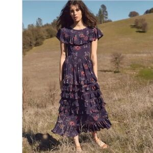 Christy Dawn Blue Purple Floral Ruffled Sleeveless Maxi Dress - Small